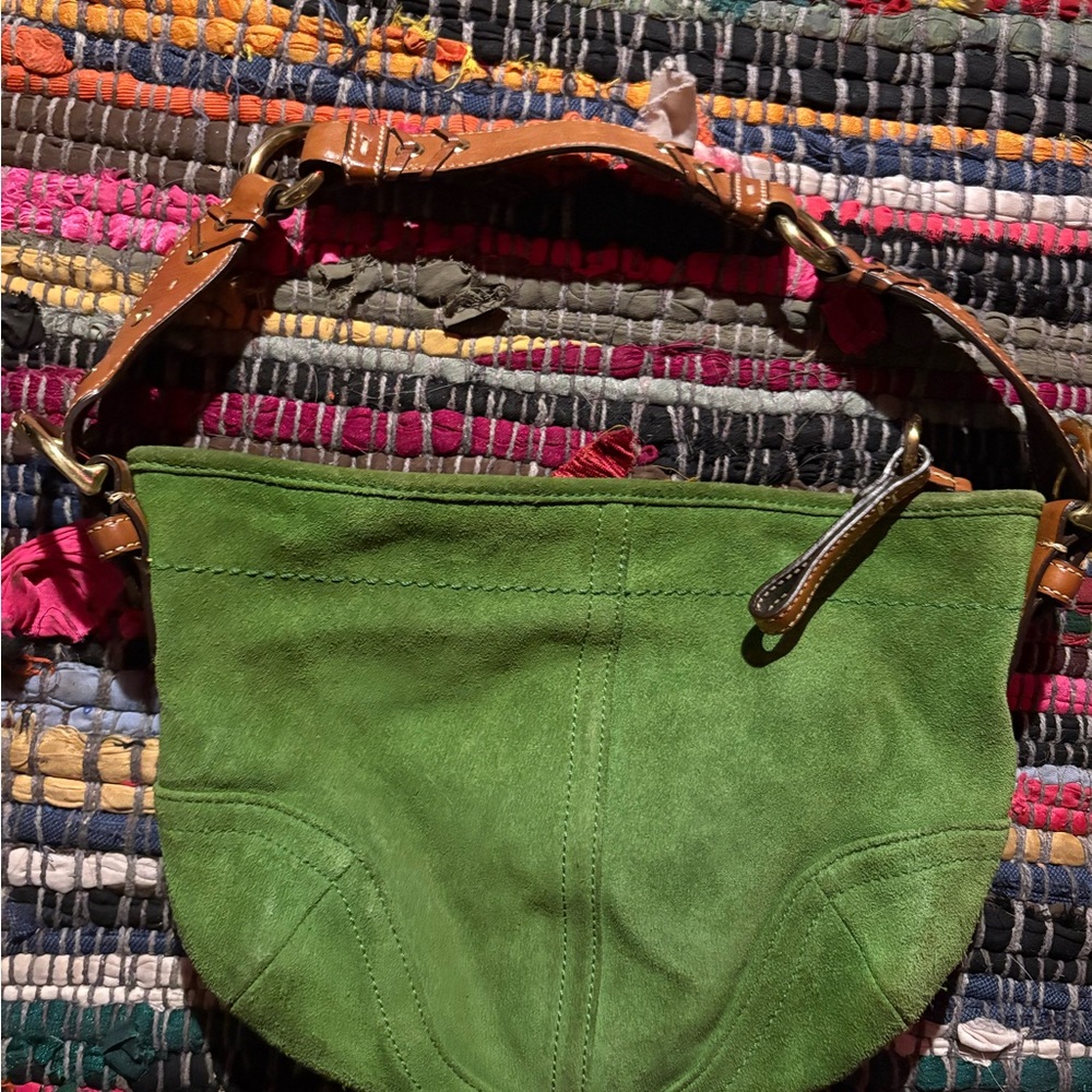 Coach Green Suede Shoulder Bag with Brown Strap